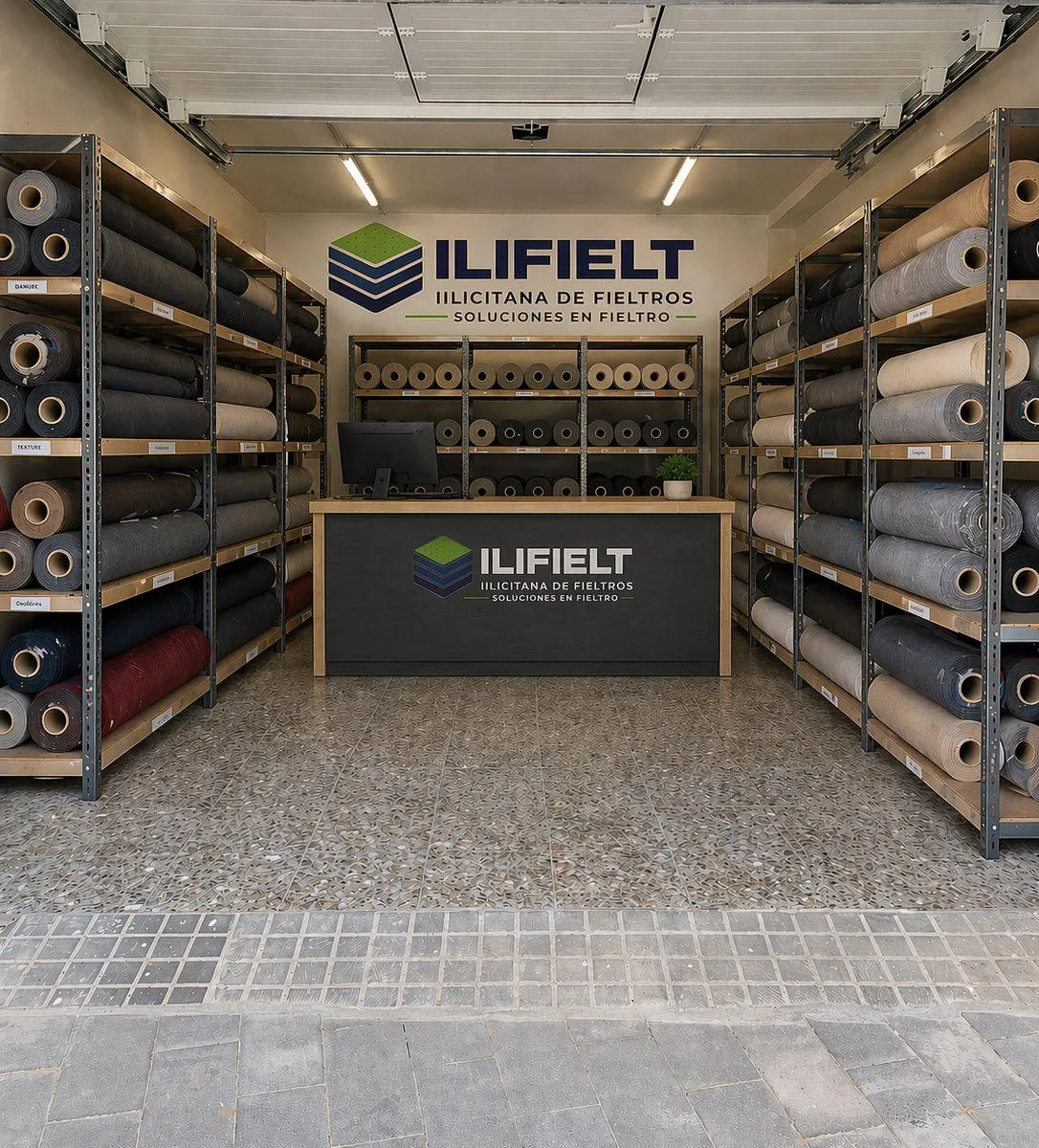 Interior de tienda ILIFIELT con rollos de fieltro